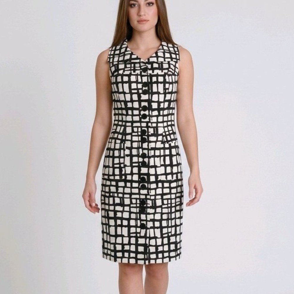 Talbots Women Size 4 Black White Grid Print Button Front Sleeveless Sheath Dress